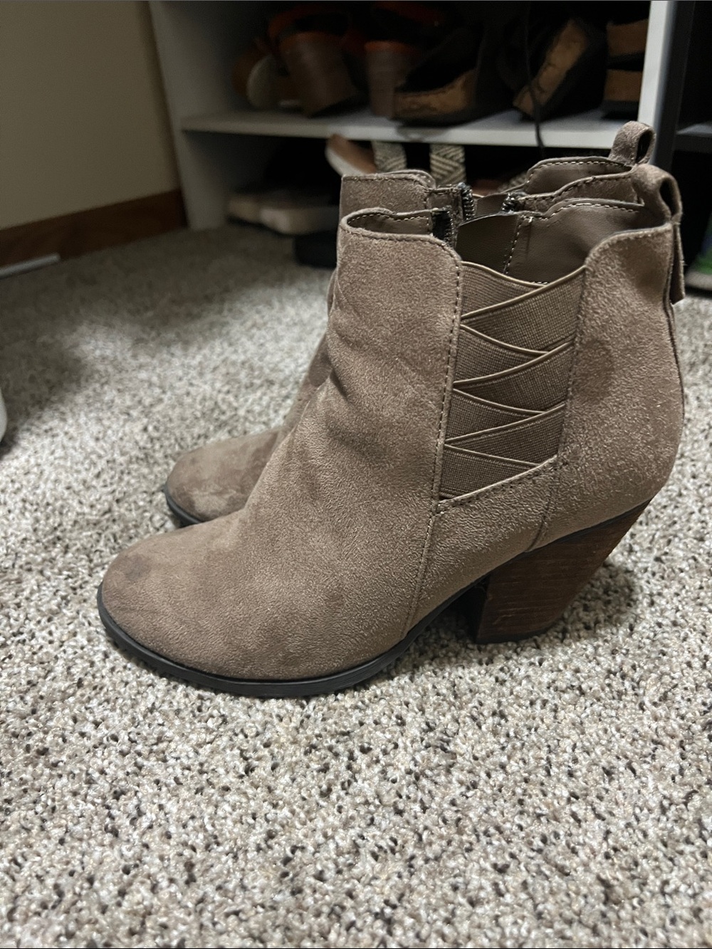 Mix No. 6 Taupe Suede Ankle Booties with Stacked Heel